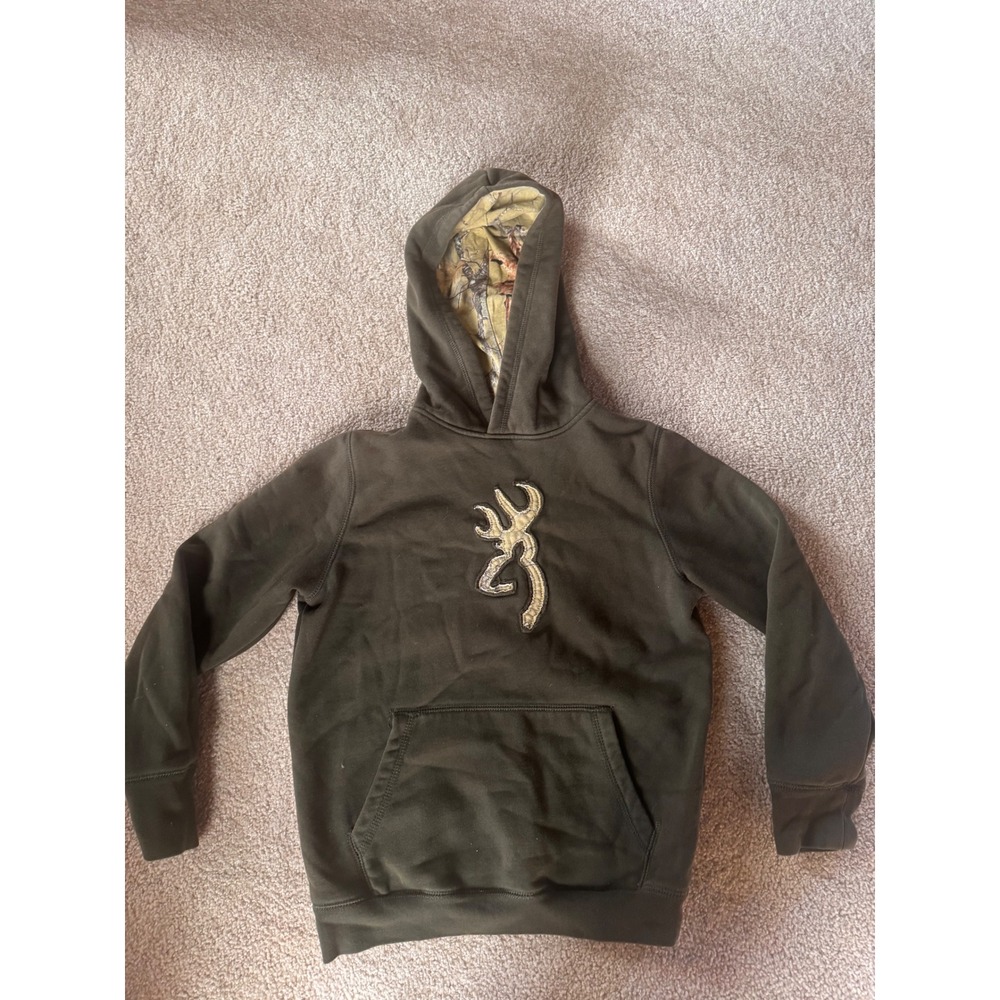 Browning Kids Hoodie Medium Olive Green Camo Buckmark Logo Pullover Sweatshirt